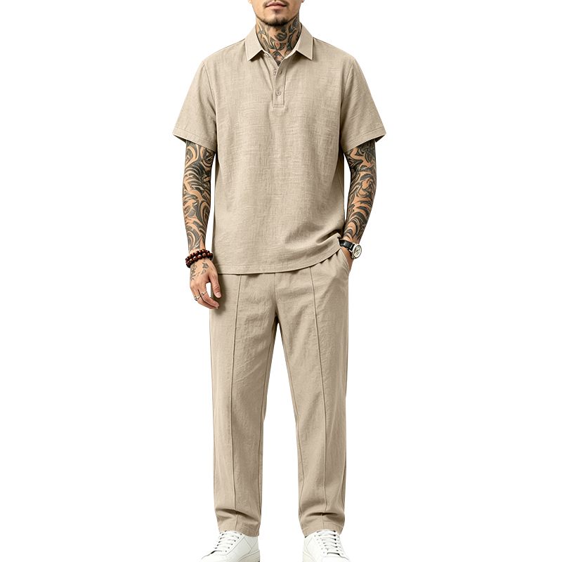 Short Linen Drawstring - Heren 2-delige poloset met korte mouwen,